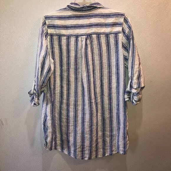Tahari 1X White Blue Stripe 3/4 Sleeve Linen Button Up Tunic Blouse Top Shirt - Picture 8 of 9
